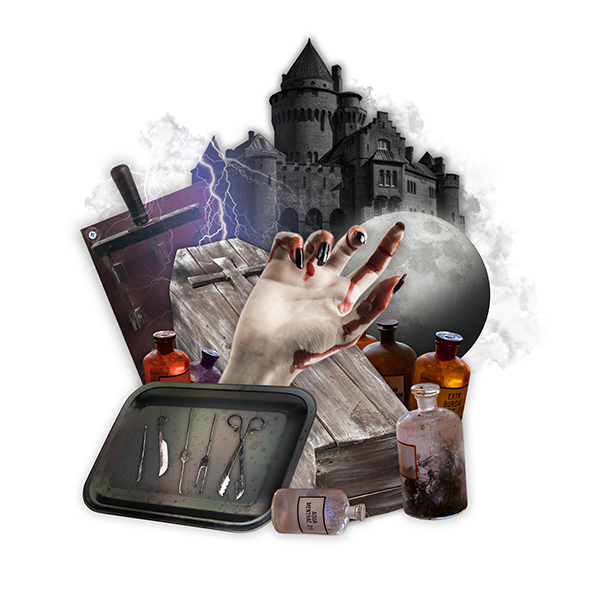 collage graphic of bloody hand, coffin, dark castle, lightswitch, surgical tools