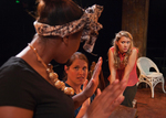 an actor lecturing two other actors