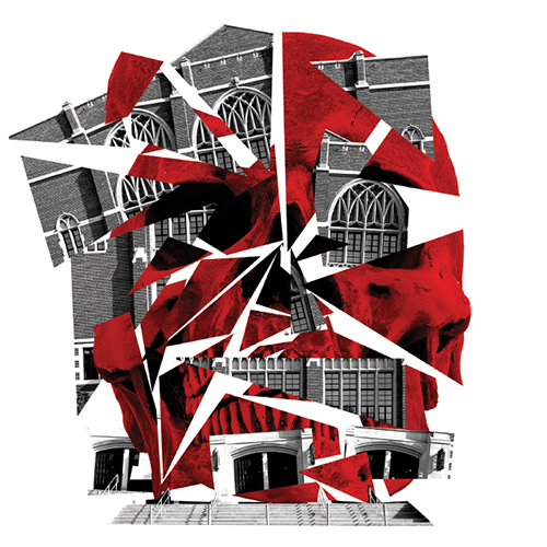 Collage of a picture of the MSU Auditorium Shattered Into Pieces with a Red Shattered Skull