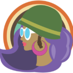 Graphic image of a woman in silhouette wearing glasses, an army helmet and long purple hair