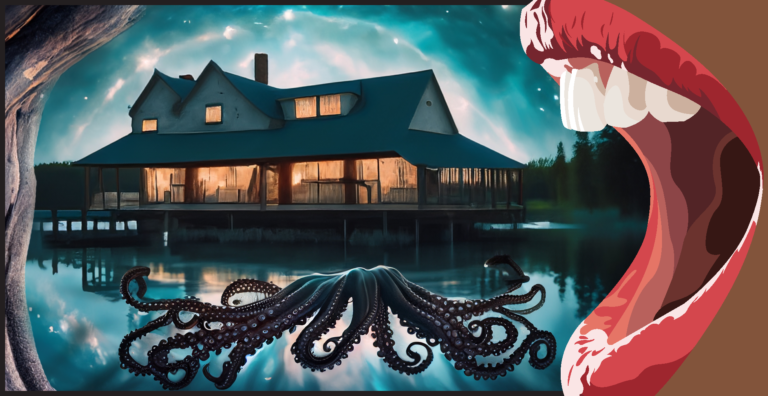A graphic showing a cottage on a lake at dusk. Octopus tentacles hover above the lake and an open mouth with red lipstick is to the right