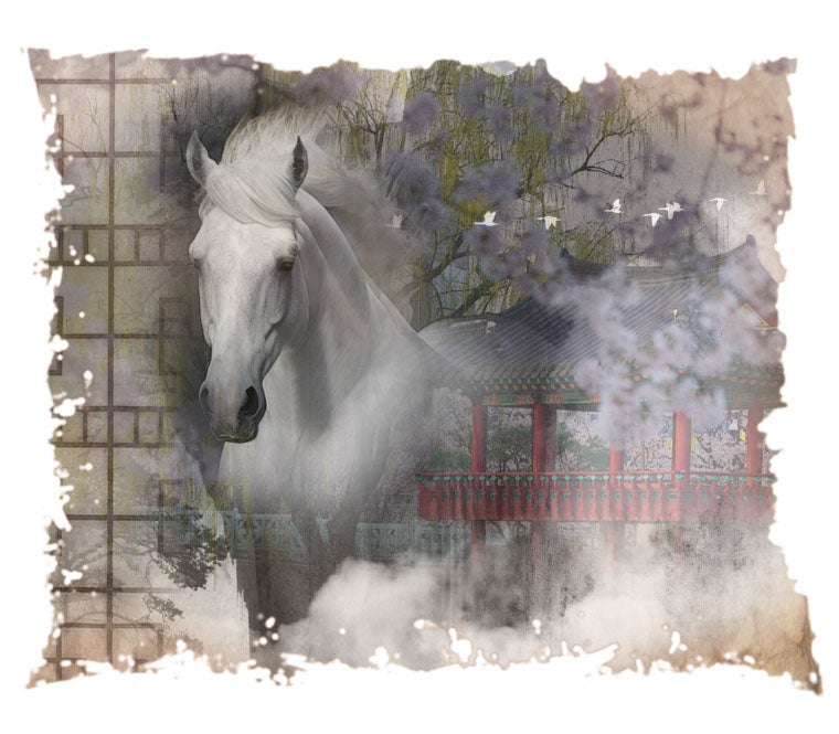 A graphic featuring a white horse, a tree, and red and green and black shrine. 