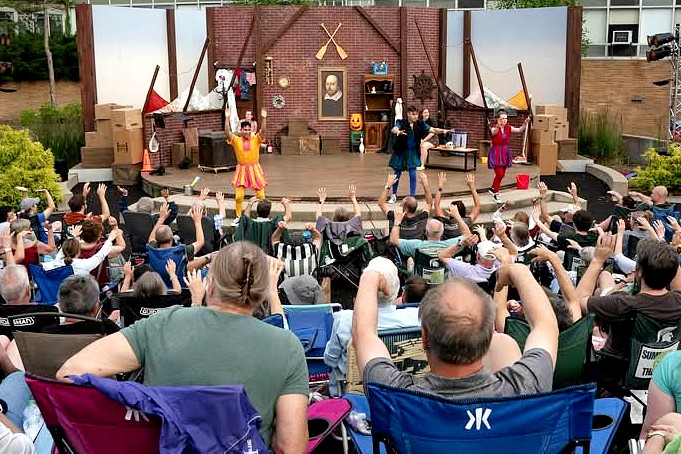 Photo of an outdoor stage performance with three actors in colorful costumes entertaining a seated audience. The stage is decorated with a brick backdrop, props, and a portrait of Shakespeare. Audience members, seated in lawn chairs, enthusiastically raise their arms in response to the performance.