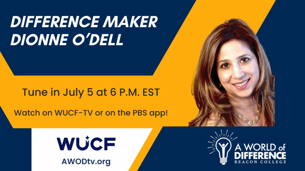 A promotional graphic featuring a woman smiling, with text that reads “Difference Maker” and information about a television program airing on July 5. The background is a combination of navy blue and gold, with logos for WUCF-TV and A World of Difference.