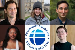 A collage featuring five individuals and the Fulbright Program logo. Surrounding the logo are portraits of five people.