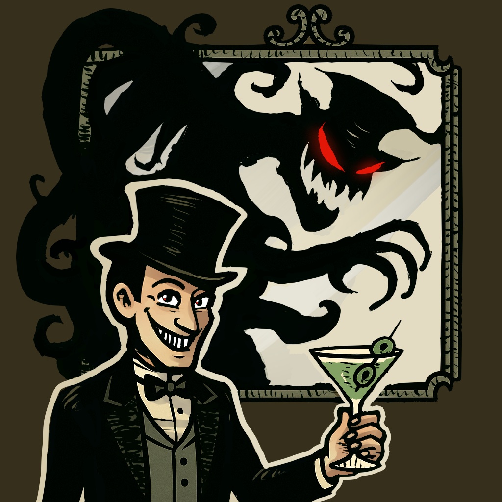 A cartoon-style illustration of a man in a tuxedo and top hat holding a martini glass, grinning mischievously. Behind him is a framed mirror reflecting a sinister, shadowy creature with glowing red eyes and sharp teeth.