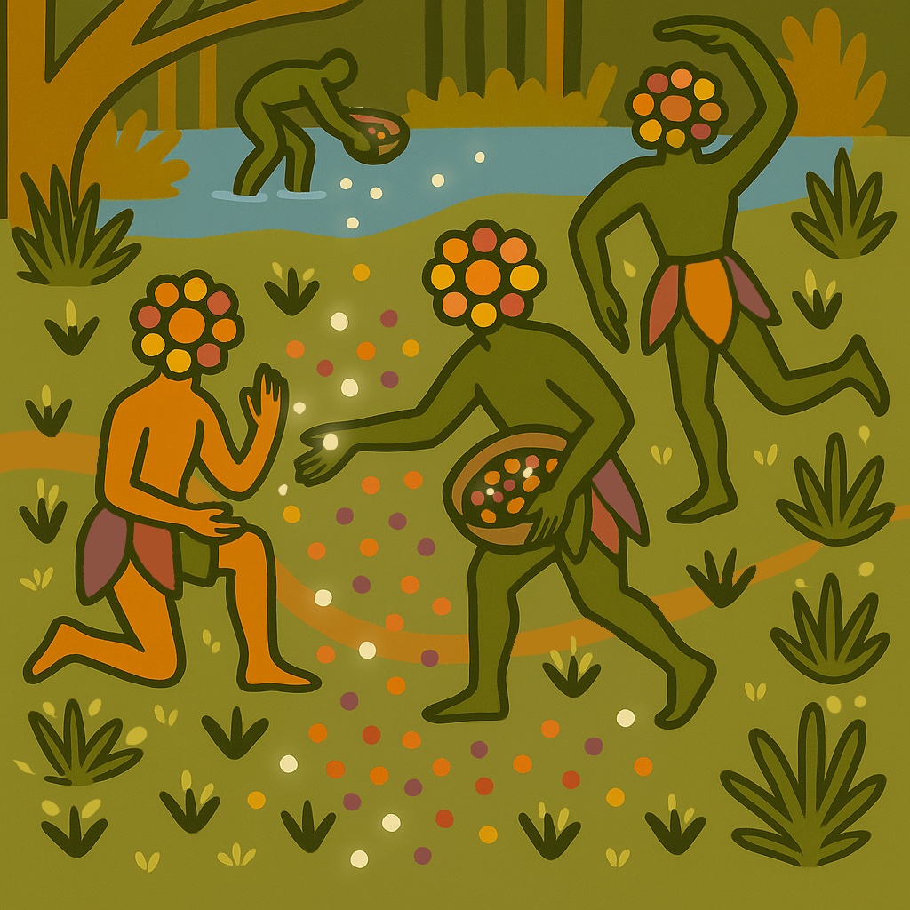 stylized illustration of four humanoid figures with flower-like heads gathering and scattering colorful dots in a lush, green landscape with water and trees.