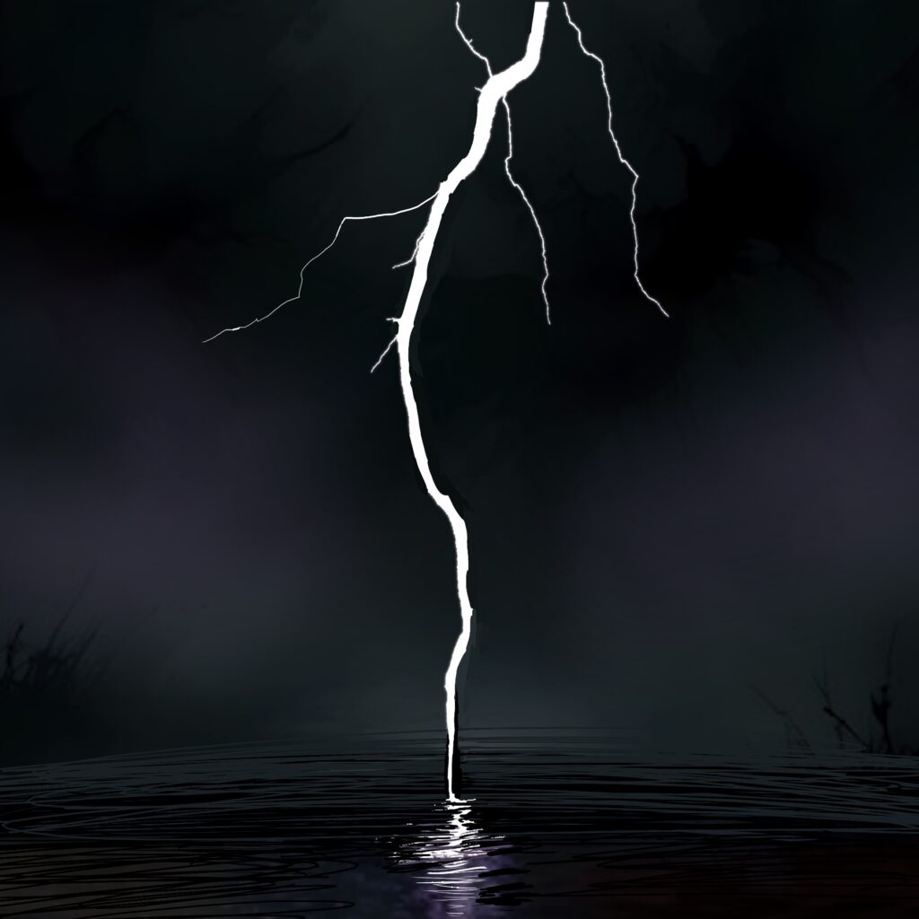 A dramatic digital illustration of a bright white lightning bolt striking a calm, dark body of water at night