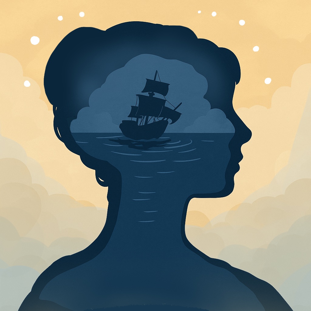 A illustration of a person’s silhouette filled with an image of a sailing ship on calm waters under a cloudy sky