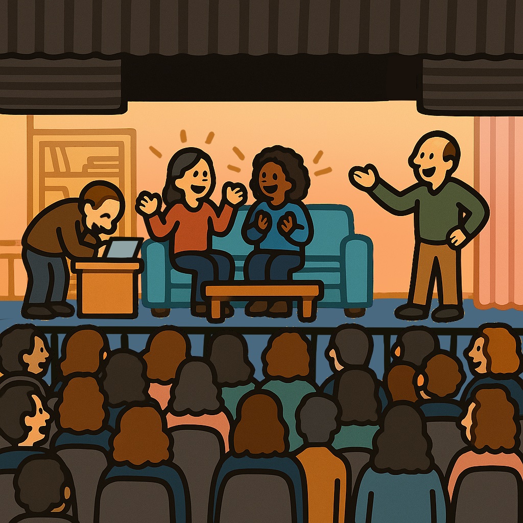 A cartoon-style drawing of a stage. Two women are seated on a couch, speaking. A man stands beside them gesturing, while another adjusts equipment. A full crowd watches from the foreground.