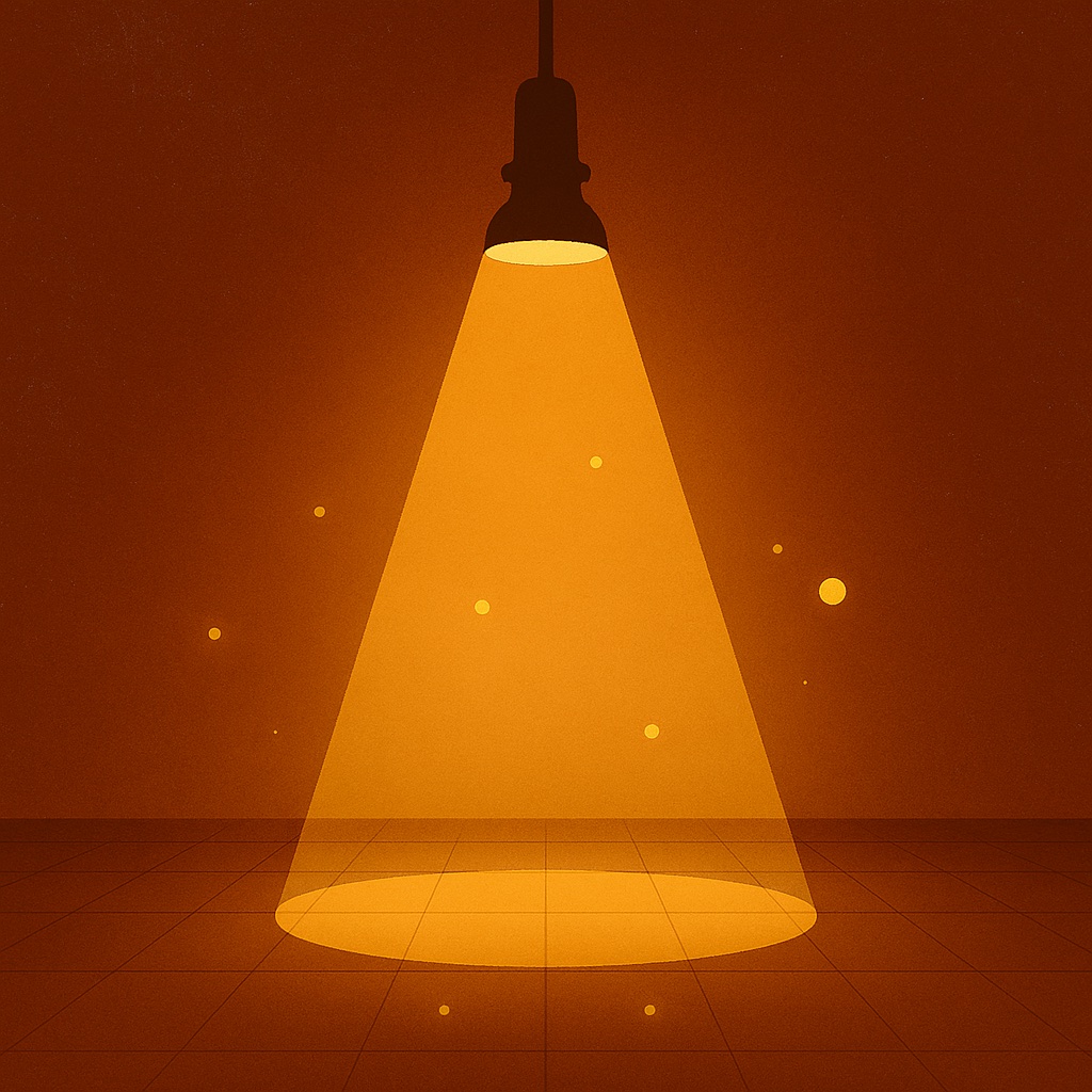 A minimalist digital illustration of a single spotlight shining downward in a dark, empty room with a tiled floor.