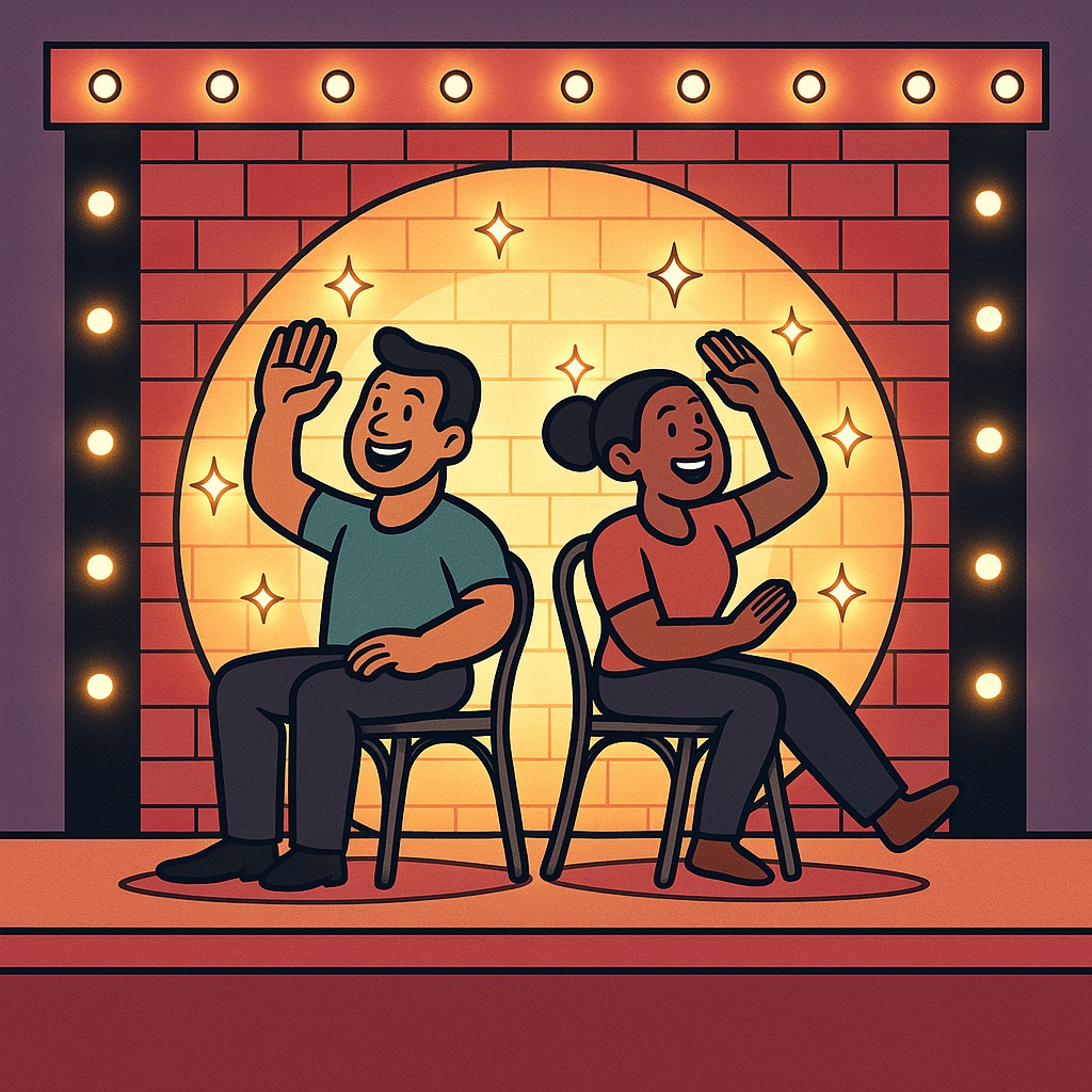 A colorful cartoon-style image of two performers sitting back-to-back on chairs under a spotlight, waving to an audience.