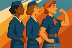 Stylized illustration of three women in vintage aviation uniforms walking forward with determined expressions. The first two wear matching blue uniforms and hats, while the third, leading the group, wears a red bandana, rolled-up sleeves, and carries a toolbox. A plane flies overhead.
