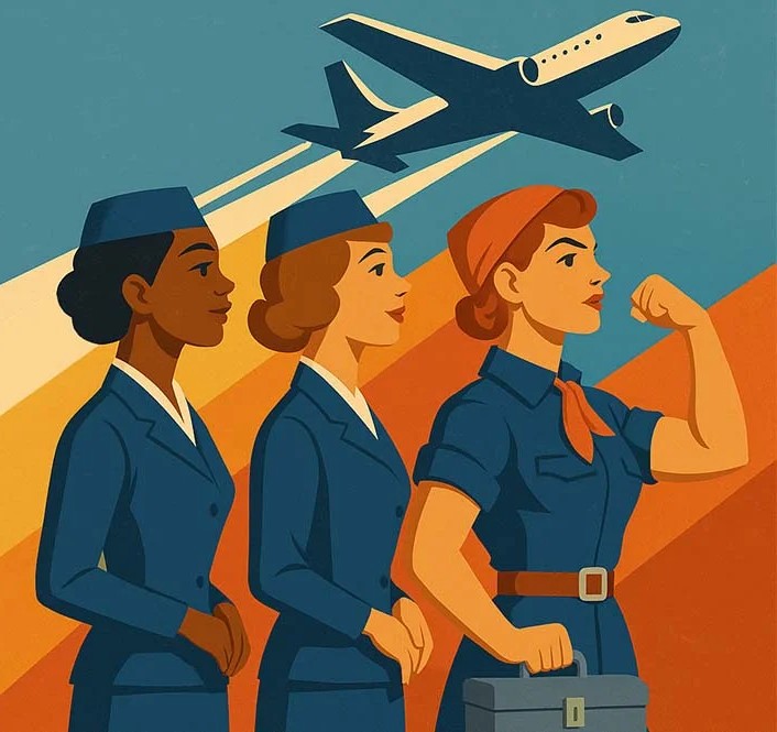 Stylized illustration of three women in vintage aviation uniforms walking forward with determined expressions. The first two wear matching blue uniforms and hats, while the third, leading the group, wears a red bandana, rolled-up sleeves, and carries a toolbox. A plane flies overhead.