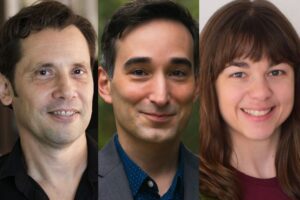 Three head-and-shoulders portrait photos displayed side by side. From left to right: a person with short dark hair wearing a dark shirt, a person with short dark hair wearing a blazer and collared shirt, and a person with long brown hair and bangs wearing a maroon top. All are facing the camera and smiling.