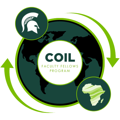 Graphic logo for the COIL Faculty Fellows Program featuring a dark green globe with continents visible. In the center is a white circle with the text “COIL Faculty Fellows Program.” Two bright green circular arrows loop around the globe, suggesting global collaboration. One small circle shows the Michigan State University Spartan helmet logo, and another highlights the African continent.