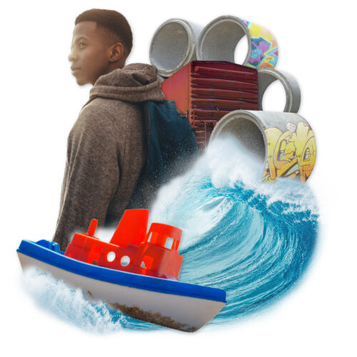 Teenage boy wearing a backpack in a collage with a toy boat, waves, a shipping container, and graffiti covered cement cylinders