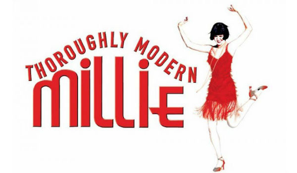 graphic of text "thoroughly modern millie" in red with woman dancing in red dress