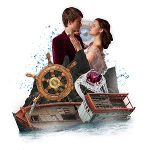collage graphic of shipwreck, dancing couple, eye, and ring