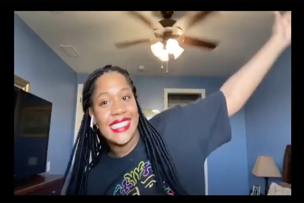 African American Woman in Black T-Shirt Dancing at Home