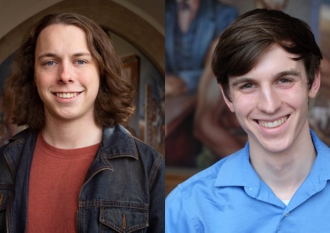 two photos put together of two guys, one with longer brown hair wearing a jean jacket and red shirt and the other with short brown hair wearing a blue shirt