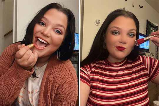Two side by side photos of a woman with brown hair posing with lipstick.