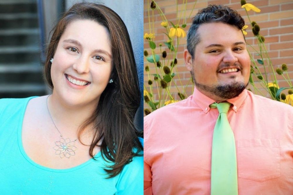 Two photos: on the left, a woman with long hair wearing a light blue shirt smiles at the camera. On the right, a man with short hair and a beard wearing a salmon-colored shirt and lime-green tie smiles at the camera.