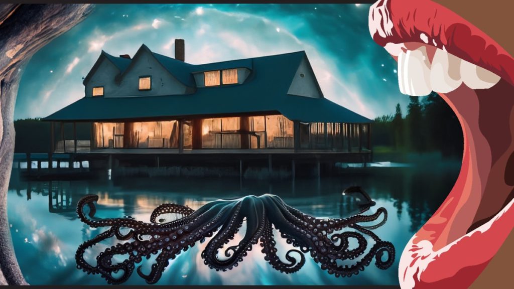 A poster featuring an octopus, a house, and a mouth. 