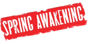 A red and white logo that says Spring Awakening diagonally across a white background