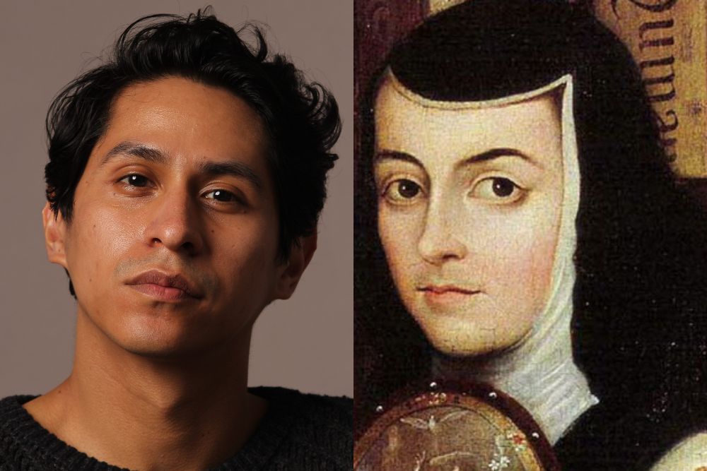 A composite of two pictures. On the left is a man with short black hair in a black sweater. The picture on the left is a painting of a person with dark black hair