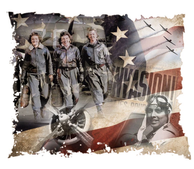 A graphic featuring three female pilots standing side by side, an American flag, a close-up of a plane, and the word "Invasion"