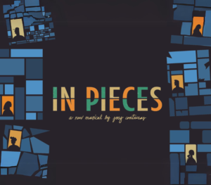 A graphic with six blue blocks, with red and black silhouettes of people in them, and the title, "In Pieces" in the center. 