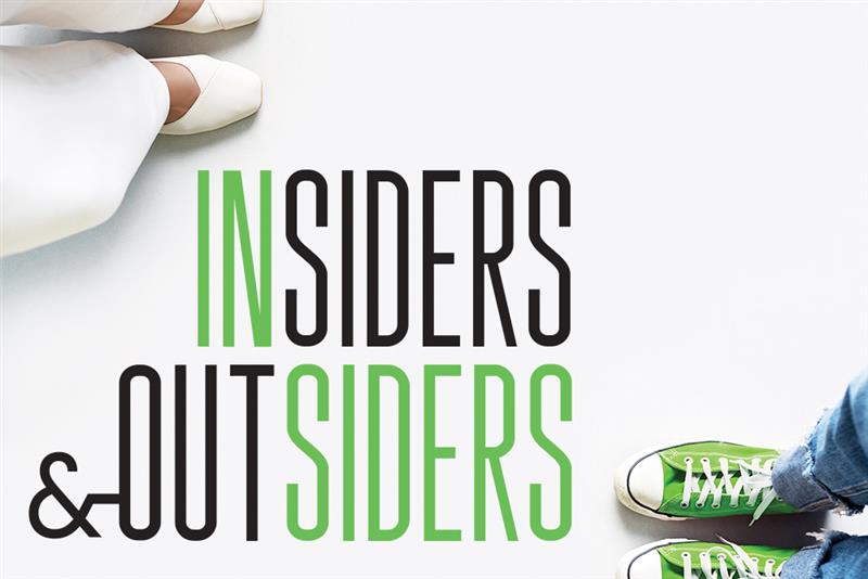 graphic showing two sets of feet and with the words "Insiders & Outsiders" on a white background.