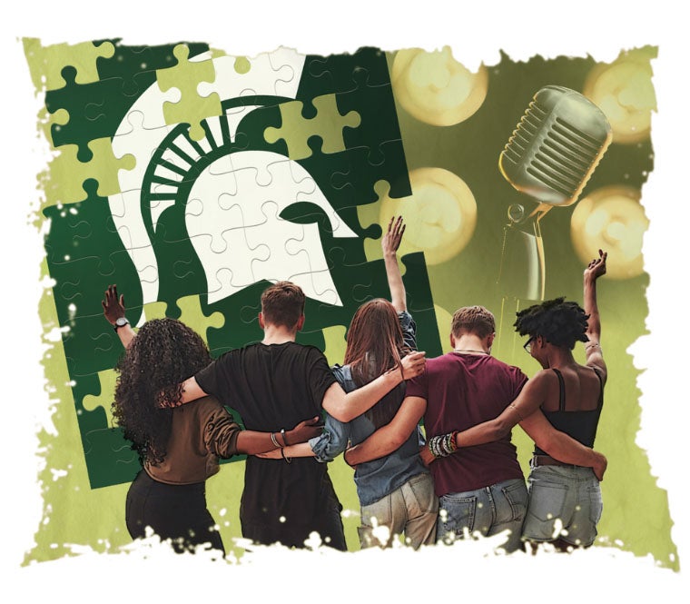 A graphic of five people standing together, arms linked, in front of a Spartan logo jigsaw puzzle and a microphone. 