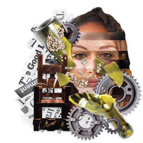 Collage of an electric chair, broken bottle, pebbles, newspaper headlines, gears and a woman's face